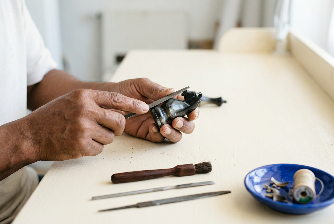 Artisan sculptant une pièce d'échecs dans un atelier lumineux.