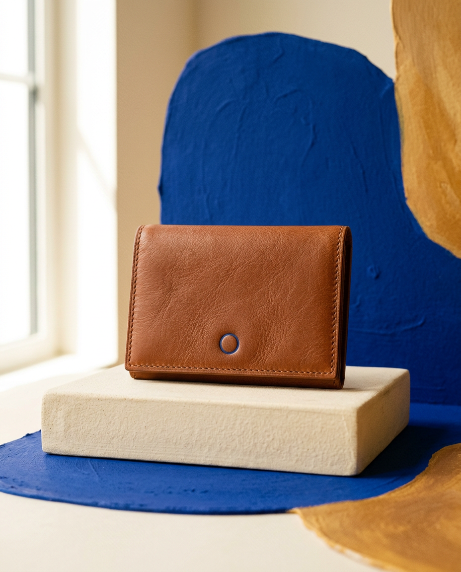 Porte-cartes en cuir cognac sur fond ivoire.